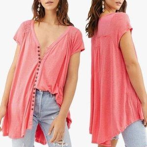 Free People Highland Azalea High Low Tunic Top Womens XS Button Front Pink Flowy